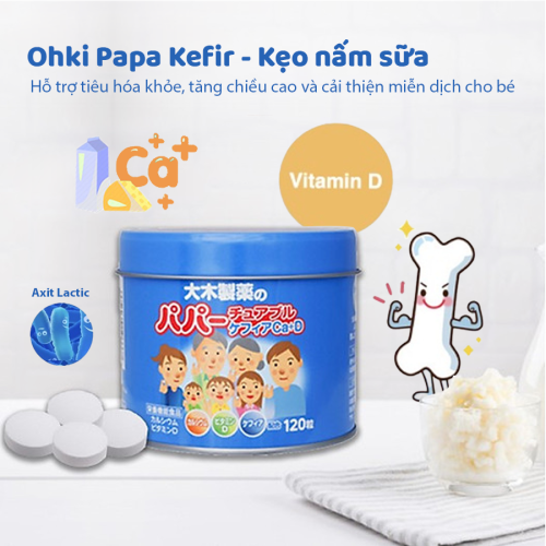 Kẹo nấm sữa Ohki Papa Kefir + Acid Lactic + Calcium D + 120 viên